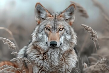 Obraz premium A lone wolf stands in a field of tall dry grass and looks straight ahead.