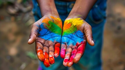 rainbow-colored hands held up to the camera