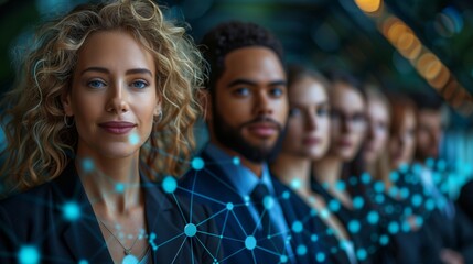 Portrait of a diverse business team with digital network overlay