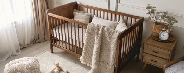 A peaceful setting of a plush bear in a crib, representing childhood or nursery.