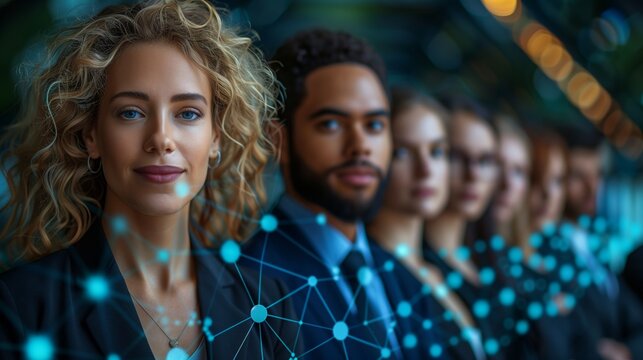 Portrait of a diverse business team with digital network overlay