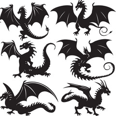 Set of dragons black silhouettes