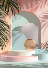 Fototapeta premium podium made of abstract geometric shapes, background for photo, product photography, stand, design, wallpaper, architecture, interior, studio, decor, figure, arch, cube, light, advertisement, 3d, form