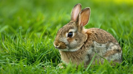 Rabbit sitting in grass and facing left