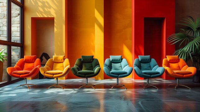 Row of colorful modern chairs in different styles in a bright room by a window