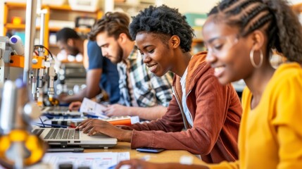 Young students working together in a STEM lab, collaborating on projects with laptops and equipment, showcasing teamwork and learning.