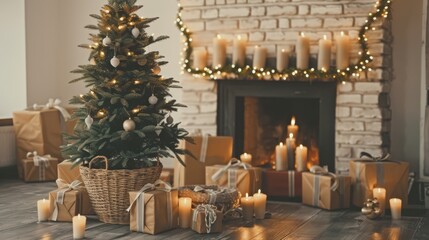 Photo of a warm Christmas scene with a fireplace, stockings, wrapped gifts, and candles, creating a...