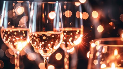 Photo of multiple glasses filled with sparkling rosé wine, creating a celebratory and elegant atmosphere with soft lighting.
