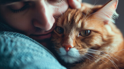Cat and man, portrait of happy cat with closed eyes and man. Handsome young guy hugs, kisses and cuddles the cat. Pet concept