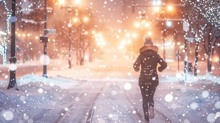Runner in winter cityscape with falling snow and streetlights. Dynamic and atmospheric design capturing the essence of urban winter night.