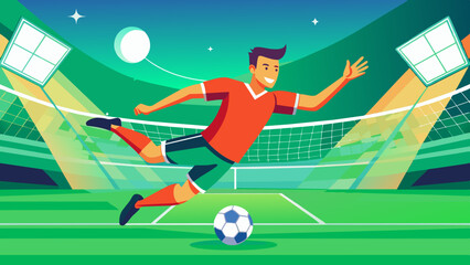 Dynamic Soccer Player Scoring a Goal at Night Match