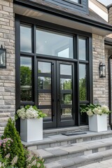 Modern front door with a black frame and glass, framed by square planters