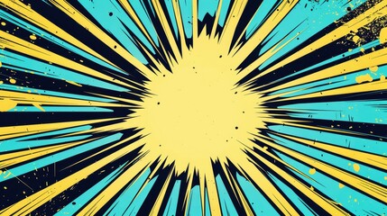 Fototapeta premium Bright comic-style explosion with yellow center and dynamic black and blue lines radiating outward, creating a striking and energetic visual impact.
