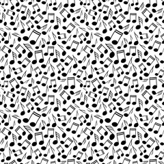 Monochrome seamless pattern with differently sized music notes floating over a white backdrop. Surface art design in black and white for use in fabric or graphic design. 