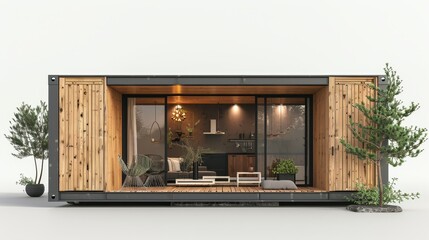 Modern architecture of tiny container wooden house isolated 