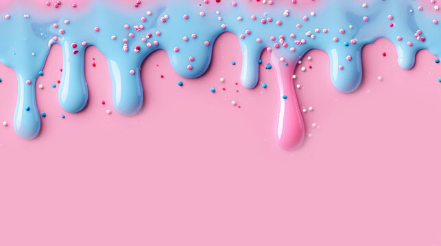 Melting pastel blue icing with sprinkles on pink background. Fun and playful dessert concept.
