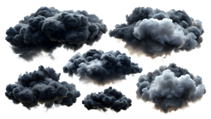 collection of nine separate cloud-like formations with varying shades of gray, ranging from light to dark