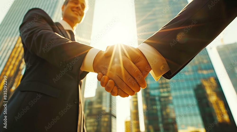 Poster close-up of a handshake between two businessmen, sun flare and skyscrapers in the background, concep