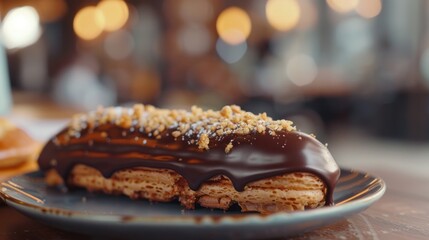Fototapeta premium A close-up shot of a freshly baked chocolate eclair on a plate. 