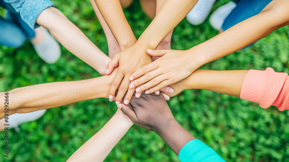 Poster hands of diverse people stacked together on a greenery background, the concept of unity and teamwork
