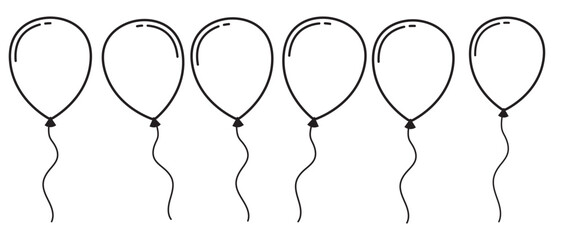 Balloon outline icons. Balloon with string in line cartoon style. Different shapes of ballons for birthday, party and wedding. Black contour of baloon silhouettes in doodle minimal style.