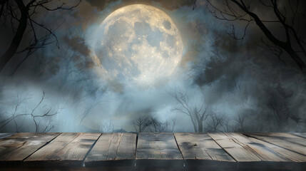 Halloween background with full moon and dark forest with wooden table top for product display, with copy space area