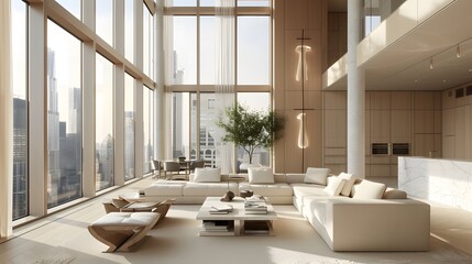 luxurious minimalist living room with floor-to-ceiling windows, soft whites, beiges, and touches of greenery