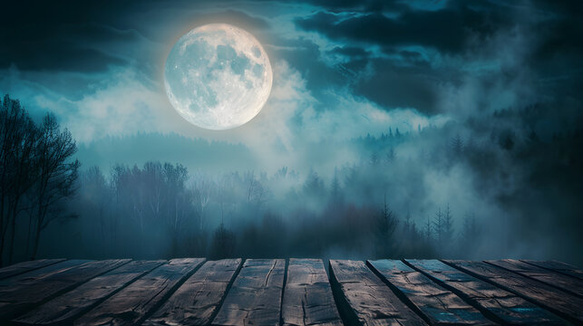 Halloween background with full moon and dark forest with wooden table top for product display, with copy space area