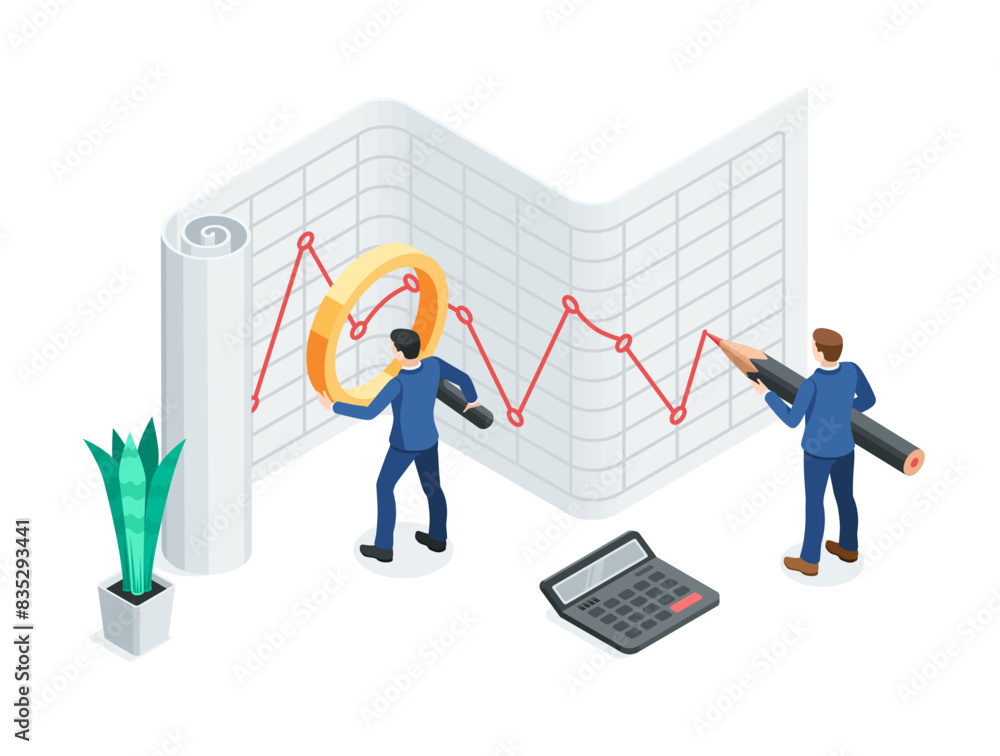 Poster isometric vector business men with a magnifying glass and pencil working with a line chart on a larg