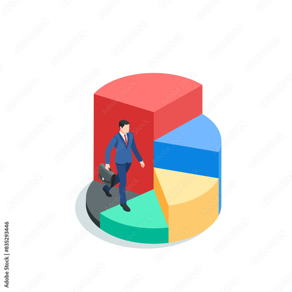 Poster isometric vector business man running up a pie chart like steps up, in color on a white background, 