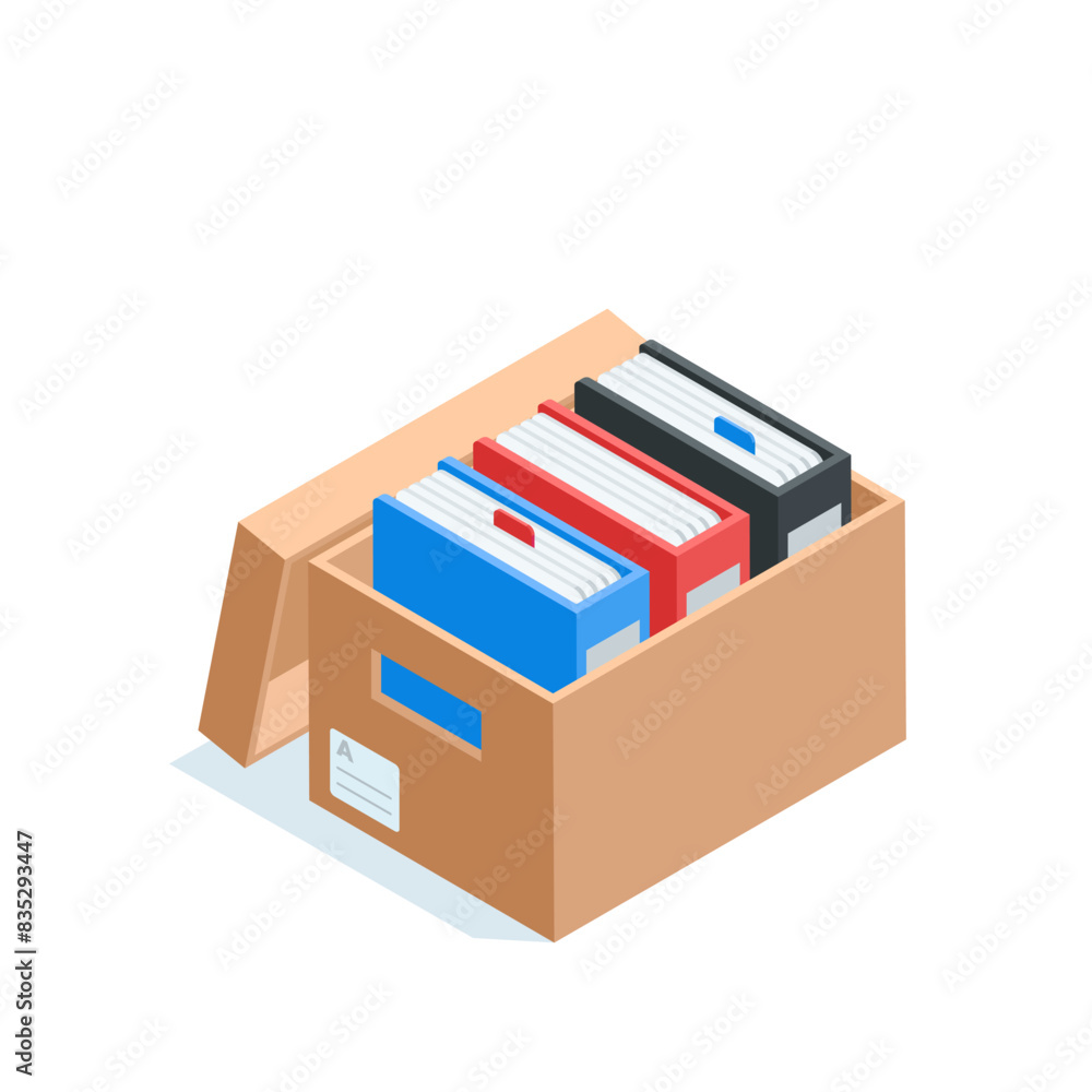 Poster isometric vector archive box with folders, in color on white background, archive or file storage