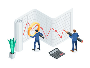 isometric vector business men with a magnifying glass and pencil working with a line chart on a large sheet of paper, in color on a white background, financial data analysis and processing