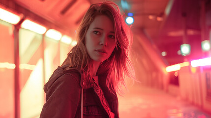 A teenager in a cyberpunk landscape