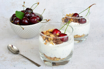 a bowl of healthy snack with oatmeal, yogurt and cherries