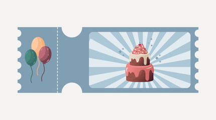 Birthday invitation, cake and party balloons. Vector illustration