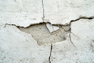 Close-up of a textured white concrete wall with visible deep cracks and details, signifying decay