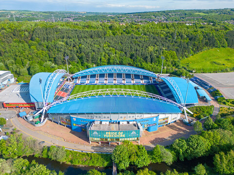 John Smiths Stadium used by Huddersfield Town Football Club and Huddersfield Giants Rugby Club. Aerial Image. 23rd May 2023.