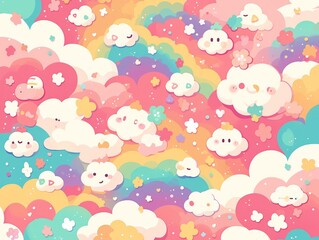 Cute cartoon clouds and rainbows in colorful pastel palette. Fun and whimsical pattern ideal for children's designs and backgrounds.