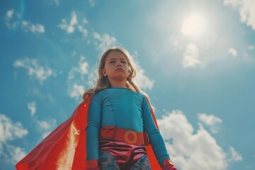 Fototapeta premium A child in superhero outfit stands with the sun behind her, symbolizing hope and youthful dreams