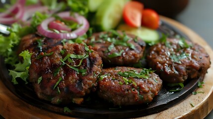 a clear view of round shaped chapli kabab with salad