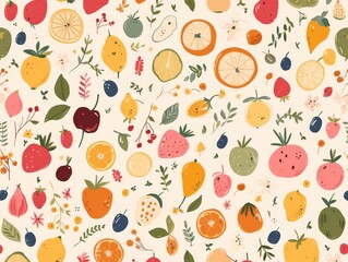 Seamless pattern of colorful fruits, including oranges, lemons, berries, and leaves on a light background. Perfect for wallpapers or fabrics.