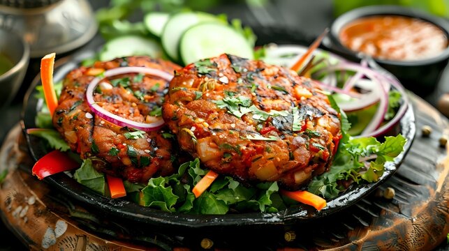 a clear view of round shaped chapli kabab with salad