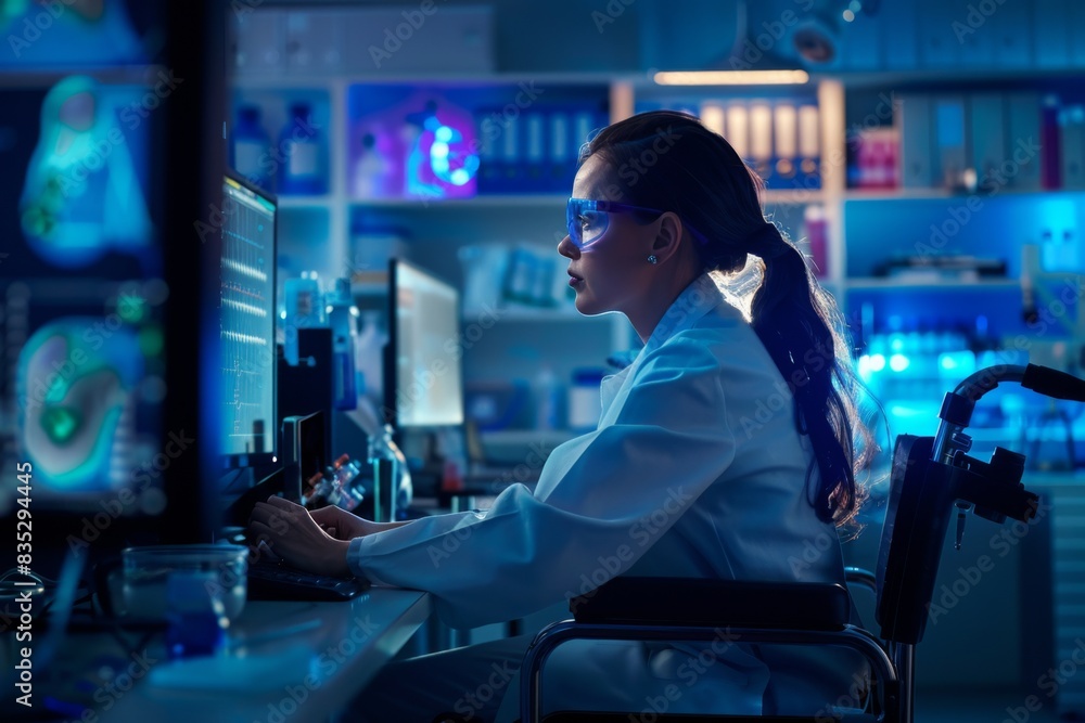 Poster this image depicts a focused scientist in a wheelchair working intently in an advanced laboratory, i