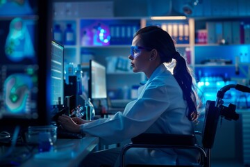 Obraz premium This image depicts a focused scientist in a wheelchair working intently in an advanced laboratory, illustrating high-tech inclusivity