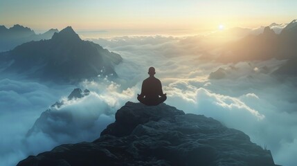 Meditation, landscape and man sitting on mountain top  - Powered by Adobe