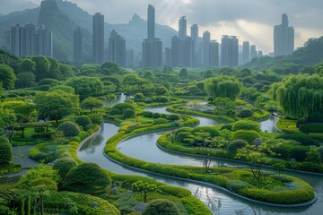 A captivating aerial view of a meandering river amidst rich greenery in a city park against a backdrop of skyscrapers, showcasing landscape architecture
