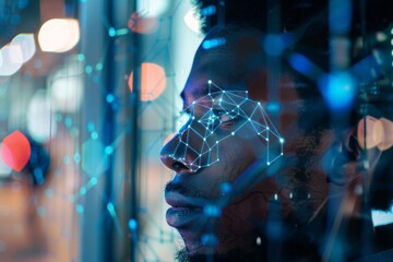 A man's face with digital facial recognition grid, suggesting themes of security, technology, and identity