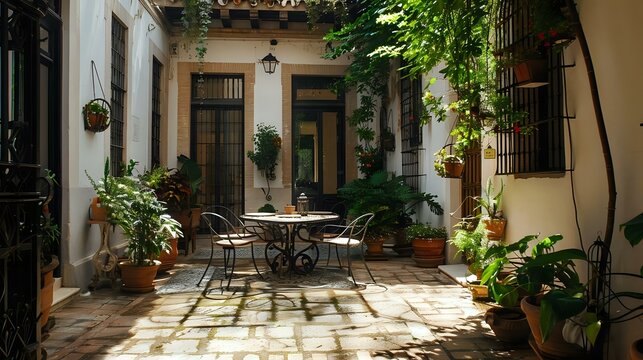 Fototapeta an elegant view of courtyard having a table and chairs