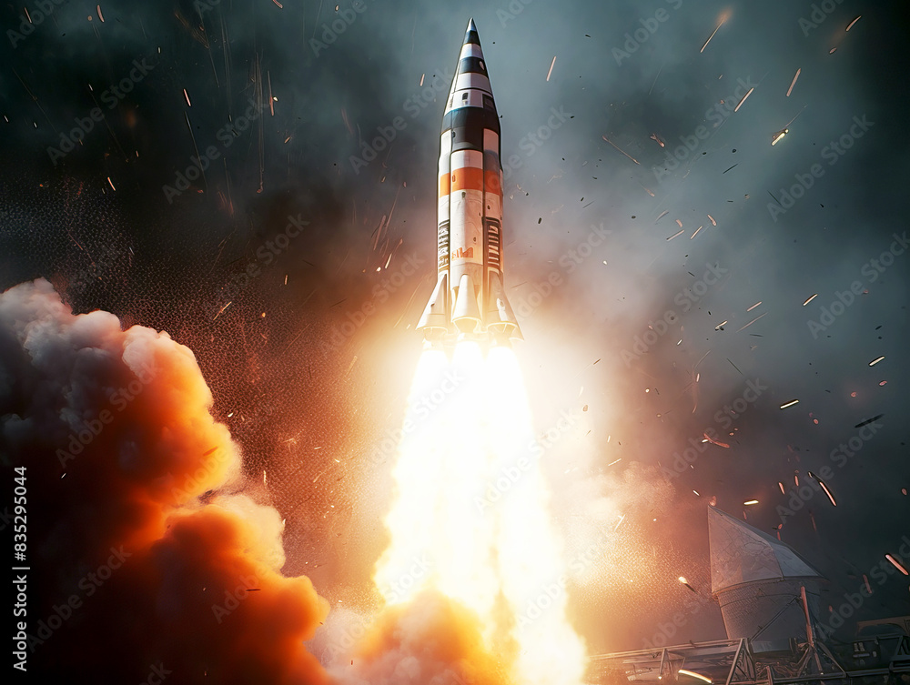 Aufkleber A rocket launch captured with intense flames at its base, a dramatic and dynamic background, representing a concept of space exploration. Generative AI