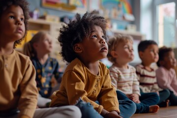 Fototapeta premium Children of various ages sitting together attentively in a classroom environment